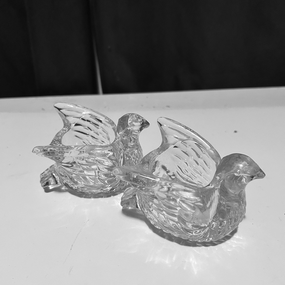 Vintage Avon set of clear glass dove candle holders- paperweight- ring holder